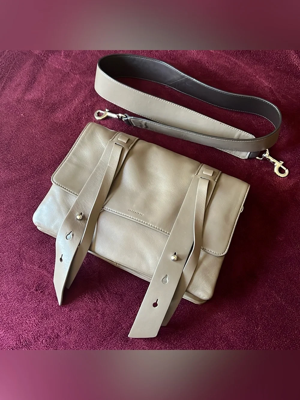 AllSaints Two Tone Taupe Gray Fin Lea Lamp Leather Box Messenger Shoulder Bag